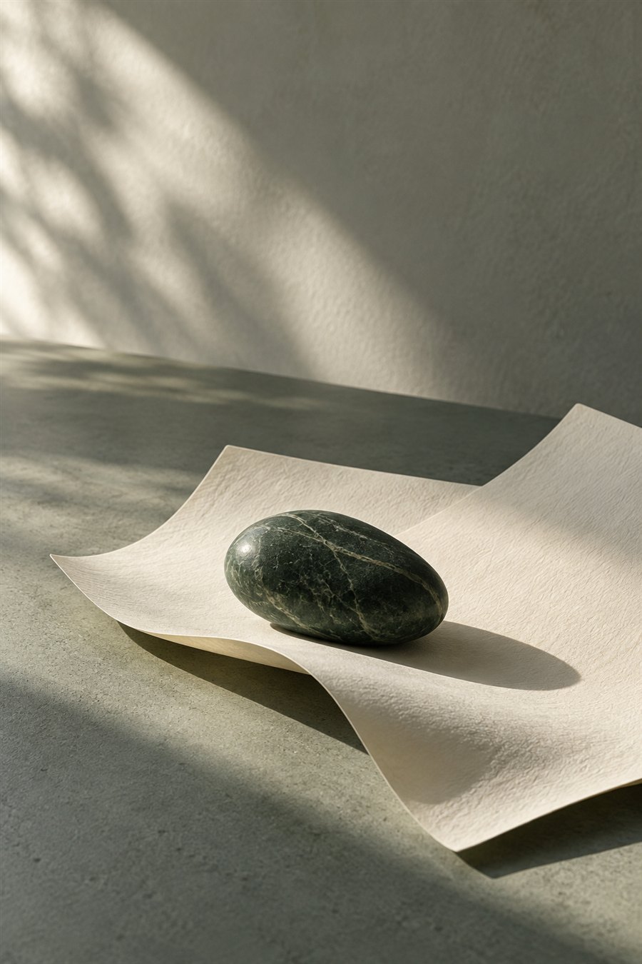 A dark green stone resting on folded paper in soft natural light